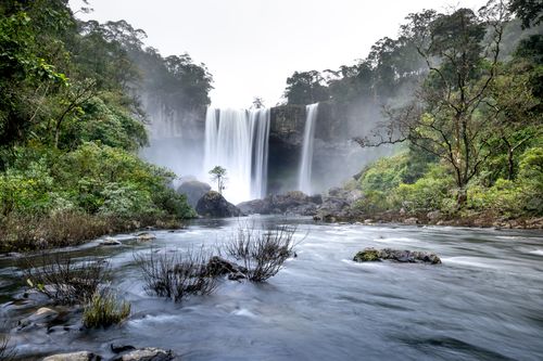 Free Captivating view of a waterfall cascading through a dense forest, creating a serene water scene. Stock Photo