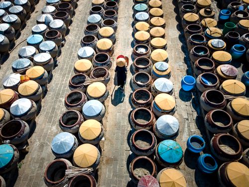 Free Aerial shot of a worker walking through rows of colorful clay pots in bright sunlight. Stock Photo