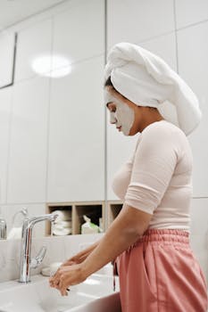 Woman with clay mask and towel headwrap washes hands at bathroom sink.