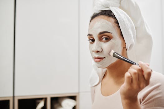 Adult woman using a makeup brush to apply a facial clay mask as part of her skincare routine at home.