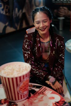 An Asian woman in a shiny jacket enjoying popcorn indoors, captured with a playful mood.