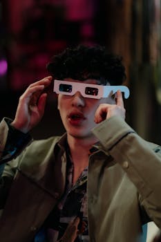 Young man adjusts 3D glasses at a cinema. Colorful and immersive atmosphere.