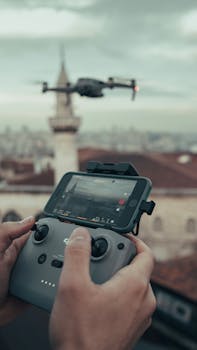 Hands holding a drone controller, operating a quadcopter with a scenic city view in the background.