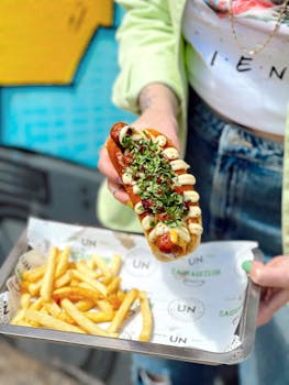 Gourmet hotdog covered with herbs held above a tray of french fries.