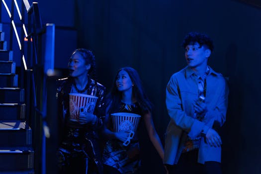 Group of friends with popcorn heading upstairs in a cinema setting.