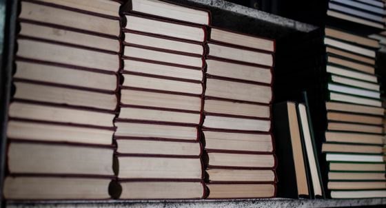 Stacked hardcover books on a shelf — photo by Sergey Torbik on Pexels
