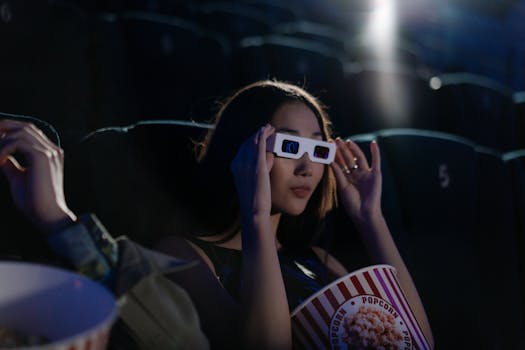 Asian woman wearing 3D glasses, enjoying popcorn in a movie theater.