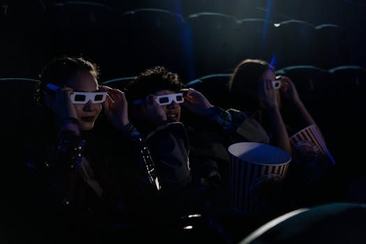 Group of teenagers wearing 3D glasses in a cinema with popcorn during a movie.