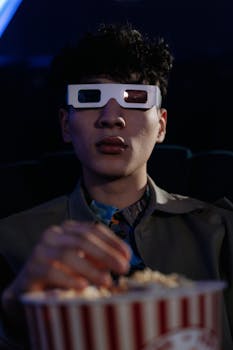 Young man in 3D glasses enjoying popcorn during a movie at the cinema.
