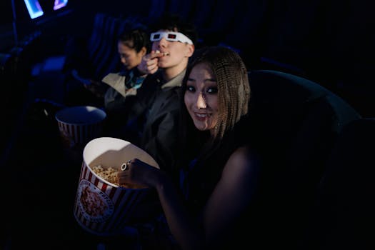 Group of friends wearing 3D glasses and enjoying popcorn at a movie theater.
