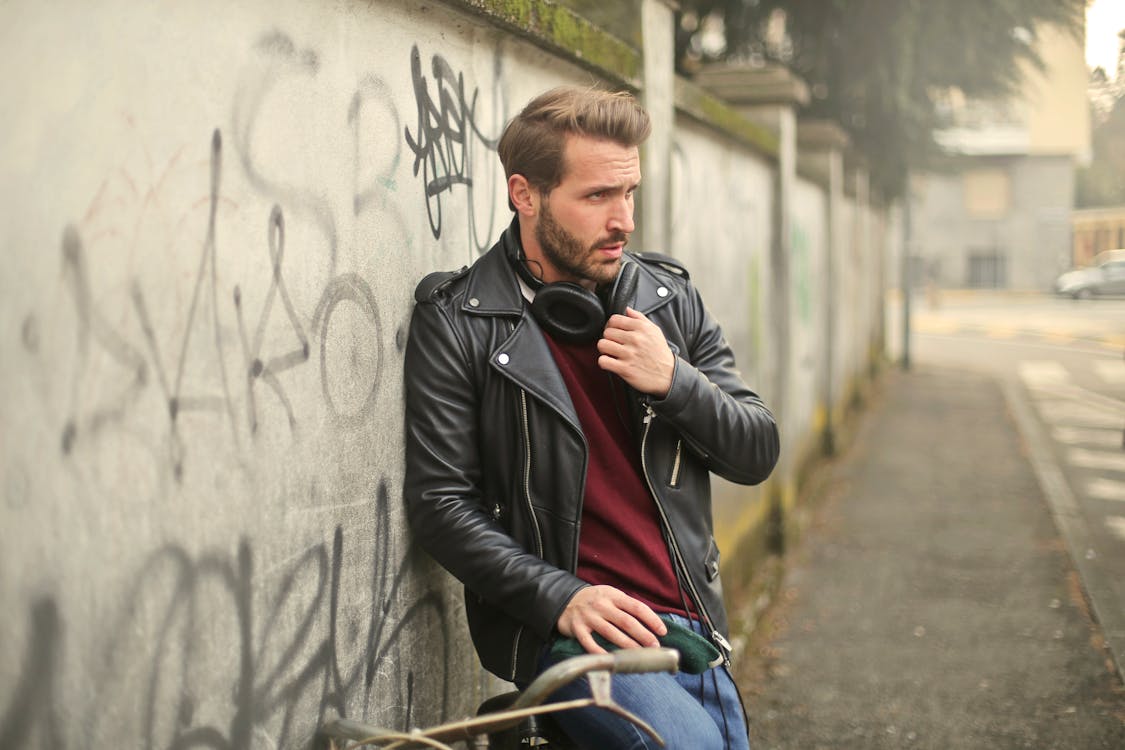 Man Wearing Black Full-zip Biker Jacket