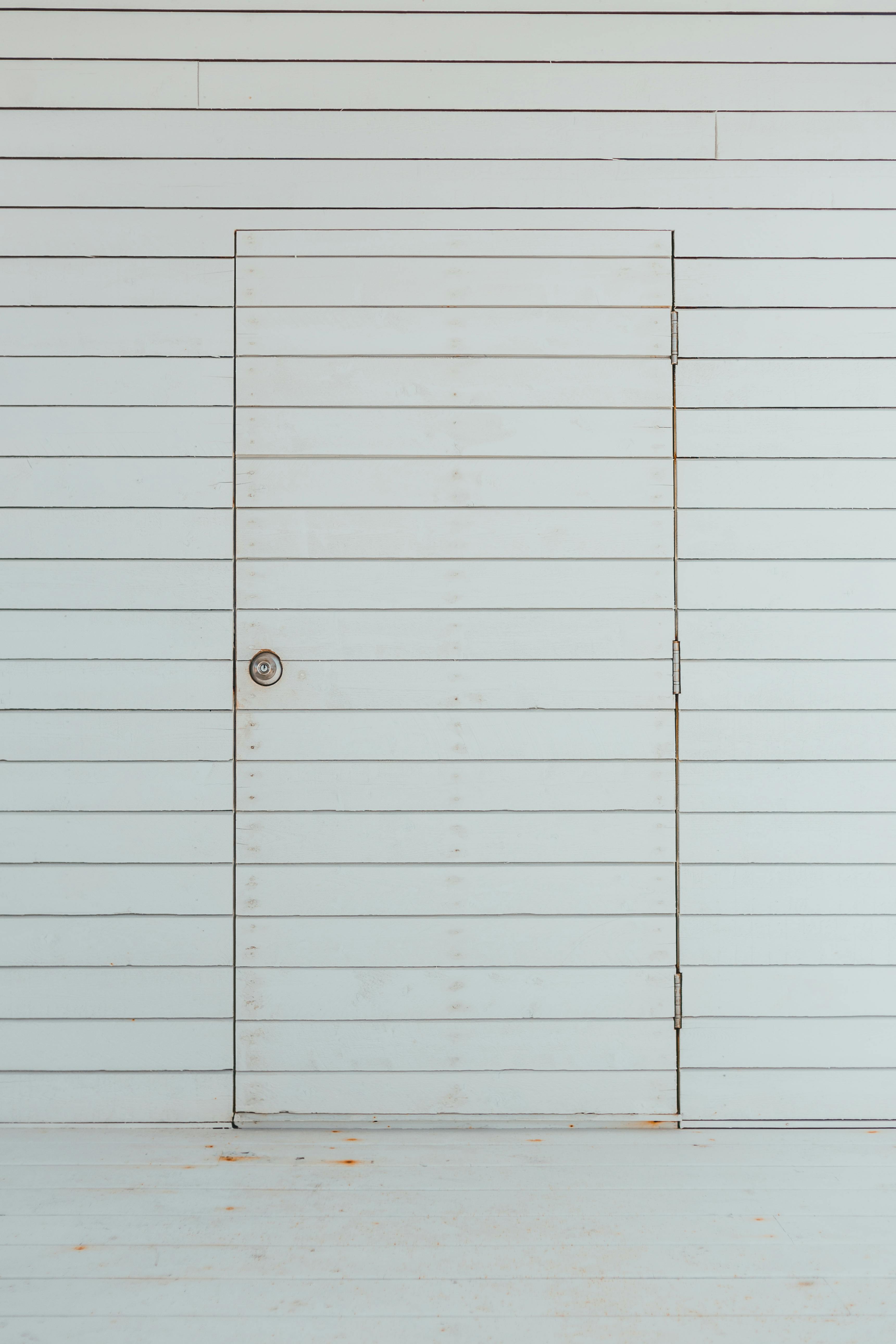 A minimalist photo of a white wooden door seamlessly blending into a panel wall, emphasizing simplicity and design.
