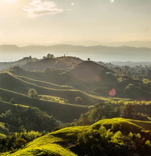 Free A breathtaking aerial view of rolling green hills under a warm sunset sky, showcasing stunning natural beauty. Stock Photo