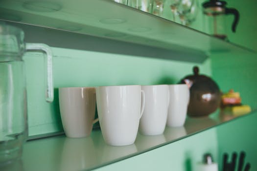 Close-up photo of a minimalist kitchen shelf featuring white mugs and glass kitchenware.