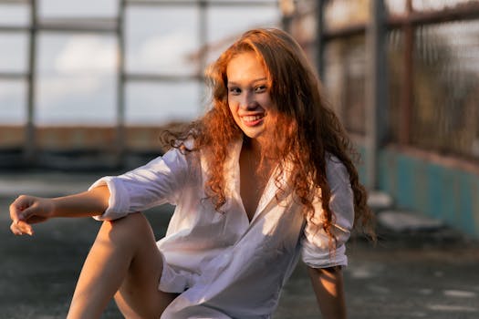 A cheerful woman with curly hair smiling in an outdoor setting, wearing a white shirt.