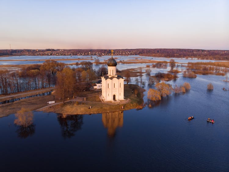 Drone Shot Of The Church Of The Intercession On The Nerl In Russia