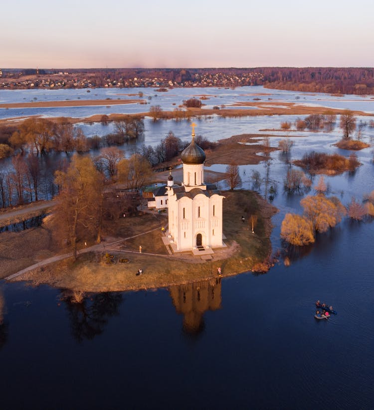 Drone Shot Of The Church Of The Intercession On The Nerl In Russia