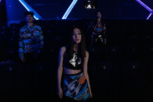 Stylish individuals pose in a dimly lit cinema highlighting vibrant fashion.