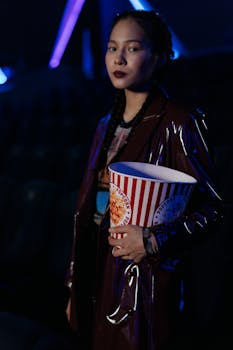 A fashionable woman in a shiny coat holds popcorn at a theater, ready for movie night.