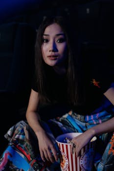 Young woman enjoying a movie indoors with stylish outfit and popcorn.