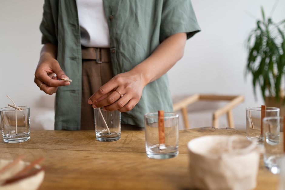 Variation 1 — a chandler sets wooden wicks into glass moulds along an oak bench — photo by Ron Lach on Pexels