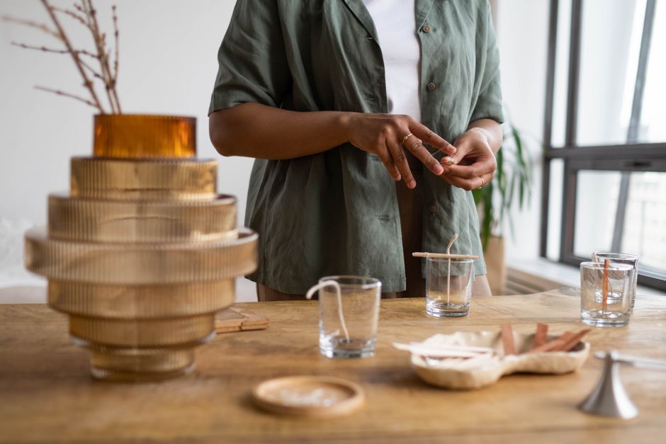 Variation 2 — a chandler steadies a wick in a filled glass on the bench — photo by Ron Lach on Pexels