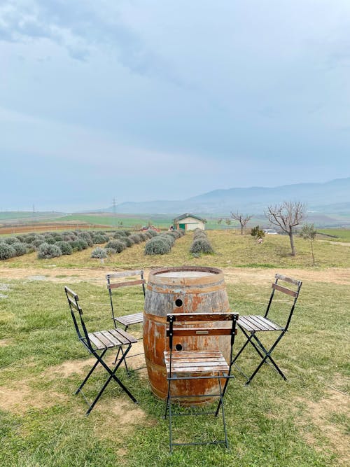 Photos gratuites de barrique, chaises en bois, espace extérieur