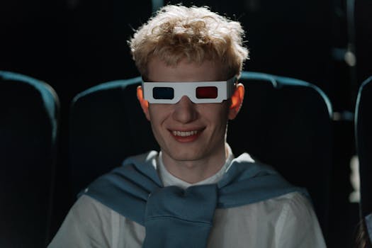 A happy man with blond hair wearing 3D glasses in a movie theater.