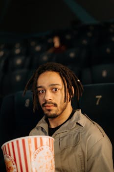 A man with dreadlocks enjoys popcorn while watching a movie in a theater setting.