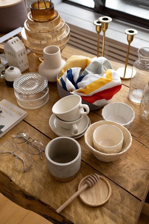 Ceramic Cups on Wooden Table