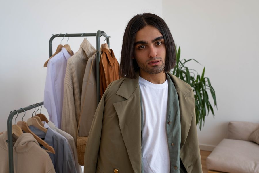 Young man in fashion-forward attire stands indoors by a clothing rack, showcasing a modern and minimalist style.