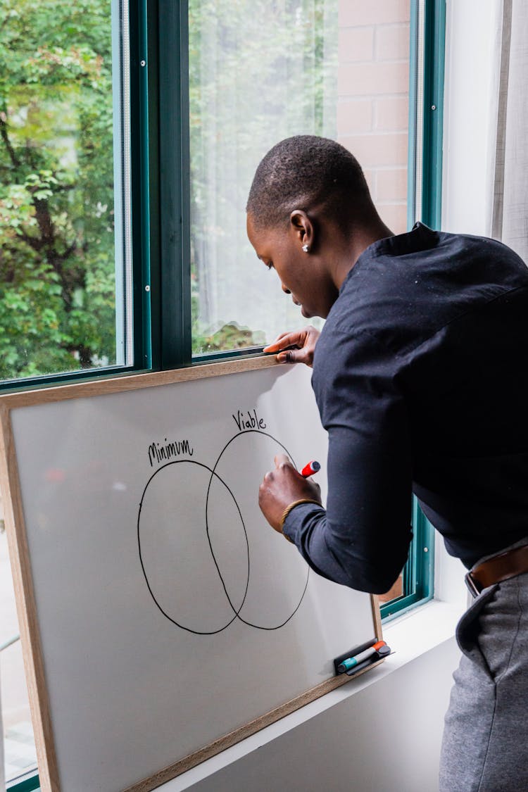 A Person In A Blue Sweater Drawing Circles On A Whiteboard