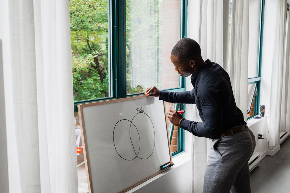 person drawing workflow diagram whiteboard