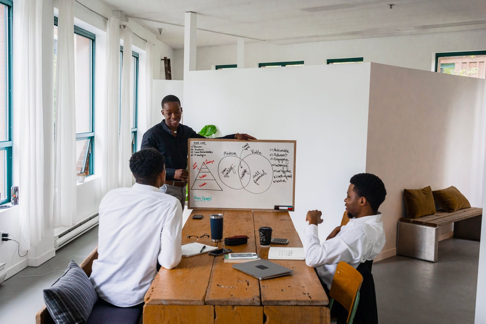 Business leaders discussing a strategic plan at a whiteboard