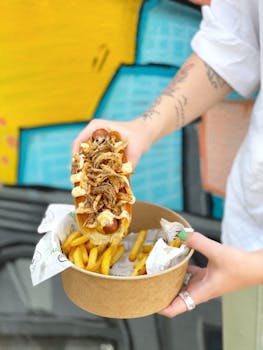 Delicious gourmet hotdog topped with sauce and crispy onions, served with fries in a bowl.