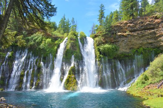 Stunning waterfall amidst lush greenery on a bright day, perfect for nature lovers.