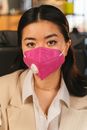 Woman in White Collared Shirt With Pink Face Mask