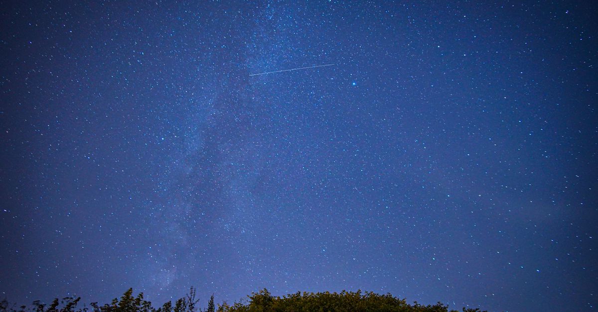 Beautiful starry night sky featuring a shooting star and the Milky Way over a silhouette of trees.
