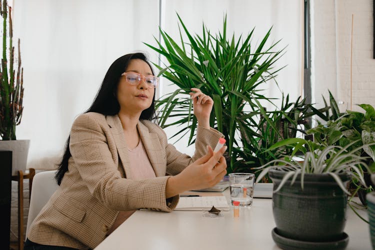 Woman In Beige Plaid Blazer Sitting And Holding A Plant Medicine