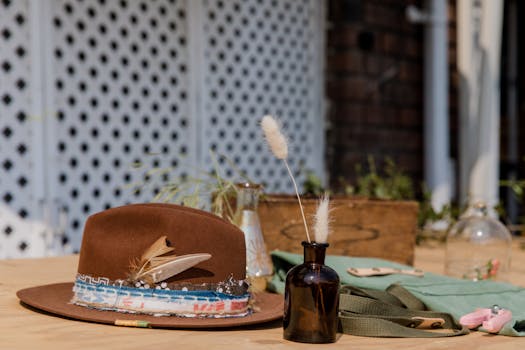 A rustic brown hat with feathers on a table with bottles and accessories outdoors.