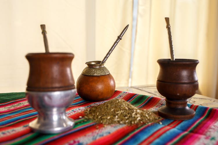 Yerba Mate Cups On A Colorful Fabric