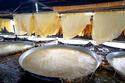 Close-up of rice paper sheets drying indoors, showcasing Vietnamese cuisine preparation.