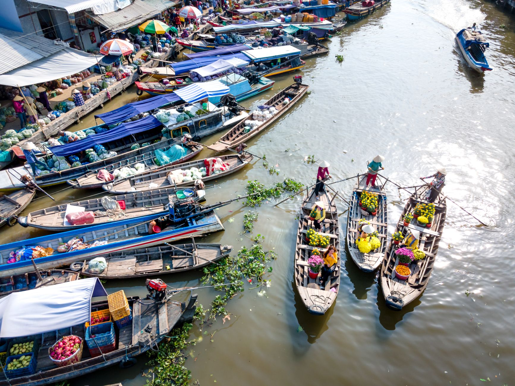 Vibrant river market with boats laden with fruits and vegetables, showcasing local culture.