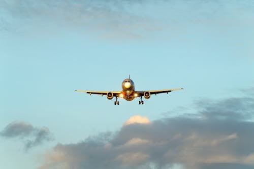 Front View of Airplane Flying in the Blue Sky