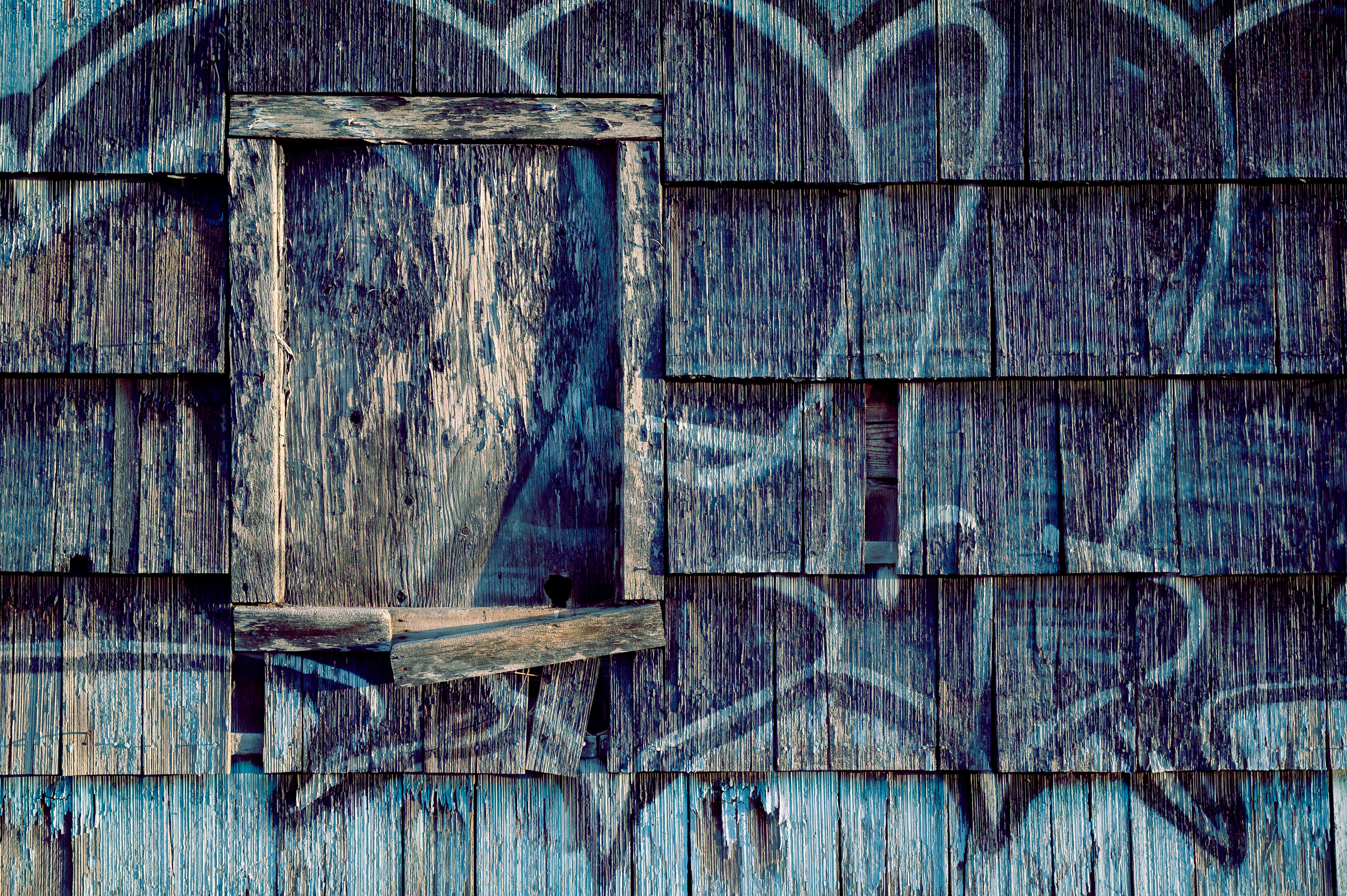 Weathered wooden wall with graffiti, highlighting architectural decay and urban art.