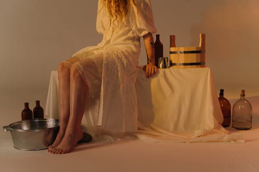 Woman in white lace dress sitting with vintage objects, creating a calm and nostalgic atmosphere.