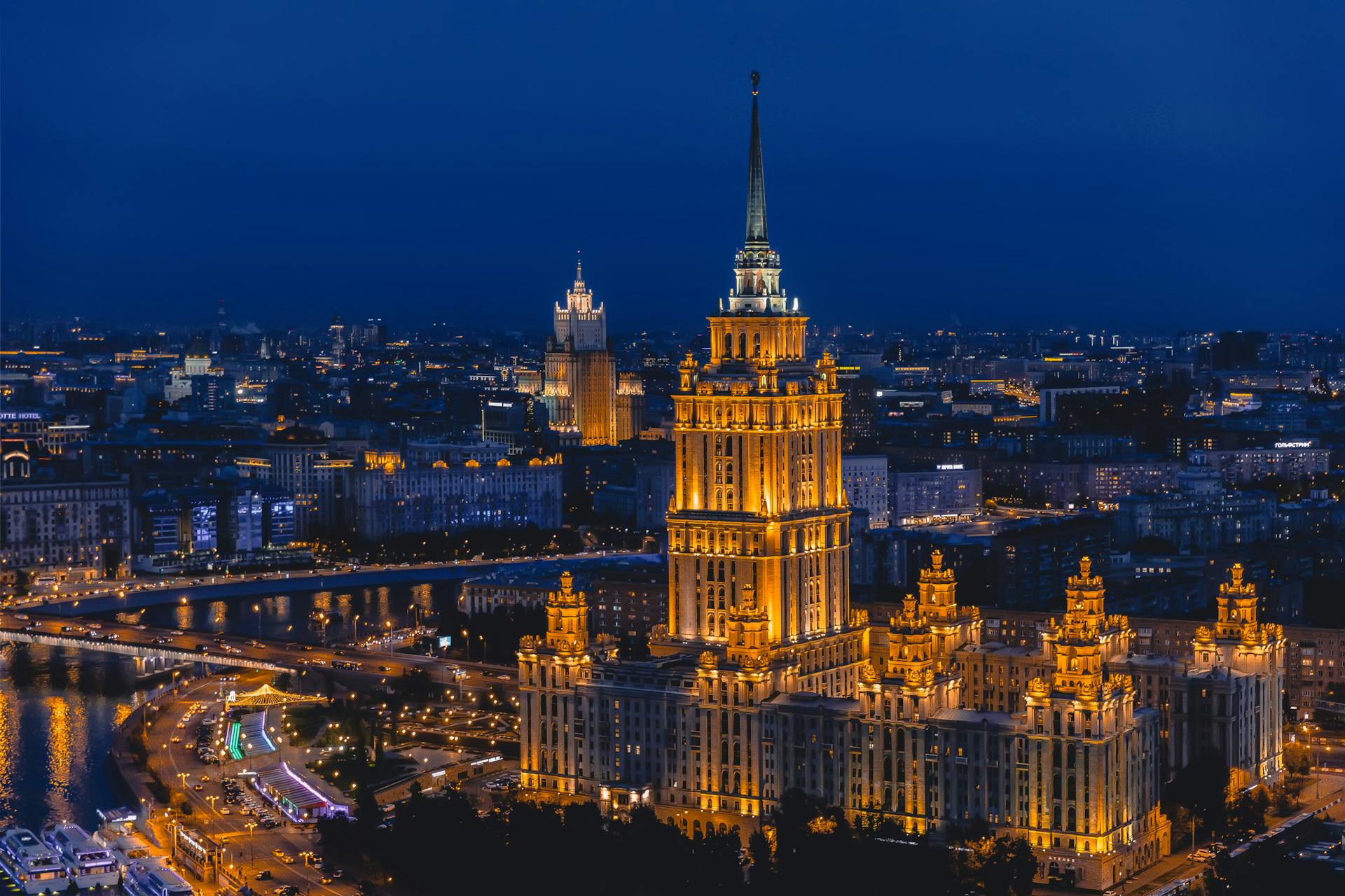 Beautiful urban night skyline featuring Radisson Collection Hotel in Moscow.