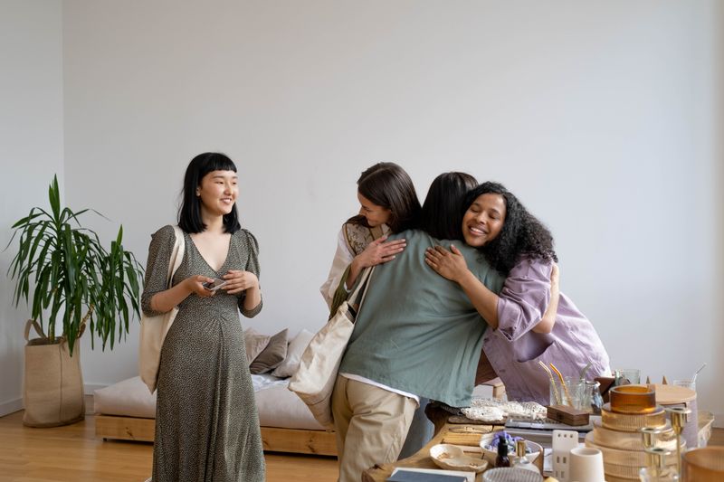 Grupo de mulheres reunidas se apoiando