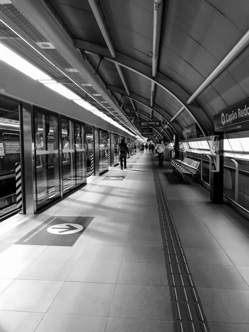 Grayscale Photo of Train Station