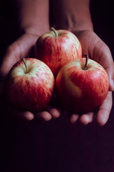 Close-up of hands gently holding three ripe red apples, perfect for healthy eating.